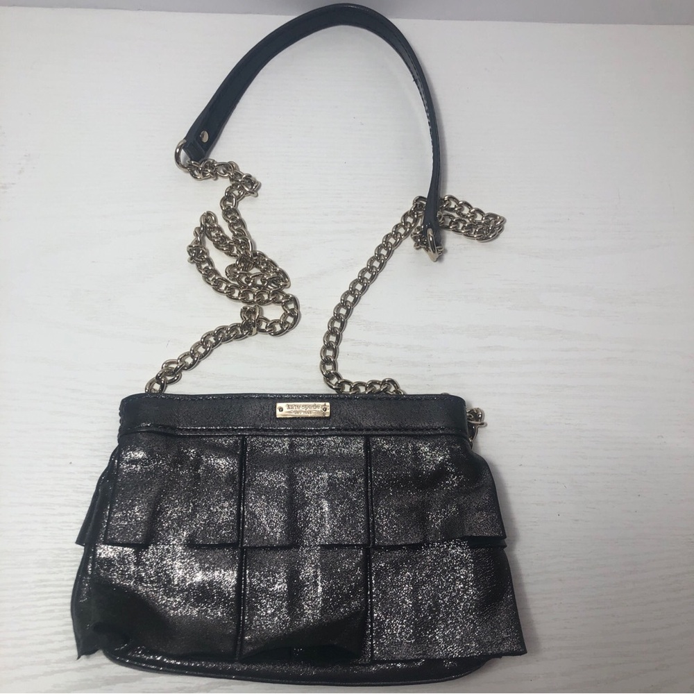 KATE SPADE NEW YORK Metallic Gray/Black Leather Evening Mini Bag Crossbody